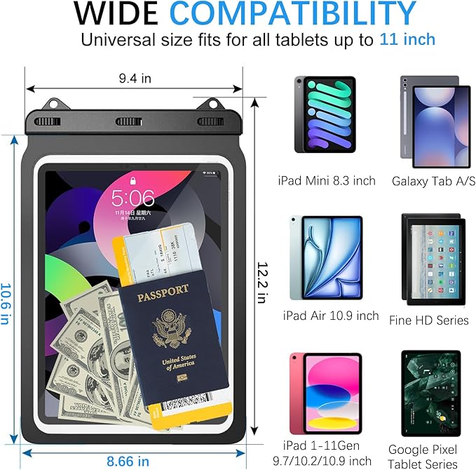 Universal iPad Waterproof Case Dry Bag Pouch for IPad Pro 11" iPad Pro 10.5" IPad 11th/10th/9th/8th iPad Air 6/5/4 10.9" New iPad 9.7 Galaxy Tab S10/S9/S8 S10/S9 FE Galaxy Tab A8/A9+/S6 Lite