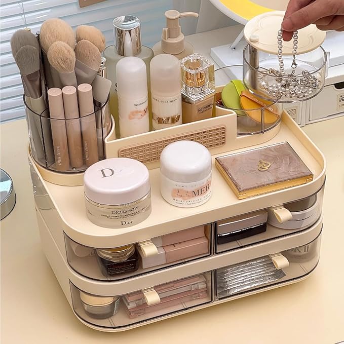 Large Rotating Makeup Organizer with Drawers, 3 Tier Skincare Storage Tower for Vanity, Bathroom Countertop Cosmetic Display Case with Brush Holder & Handle