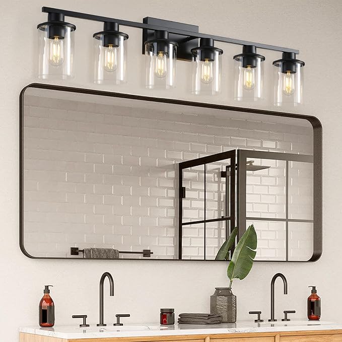 LOUSACE 6 Light Bathroom Vanity Light, 38" Matte Black Vanity Lighting Fixture Over Mirror with Clear Glass Shade, E26 Base