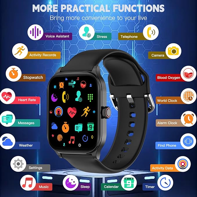 Smart Watch for Women Men(Answer/Make Call), Smartwatches with Heart Rate/SpO2/Sleep/Stress Monitor, IP68 Waterproof Activity Tracker for Android iPhone, 100+ Sports Fitness Watches (Black, 1.85")