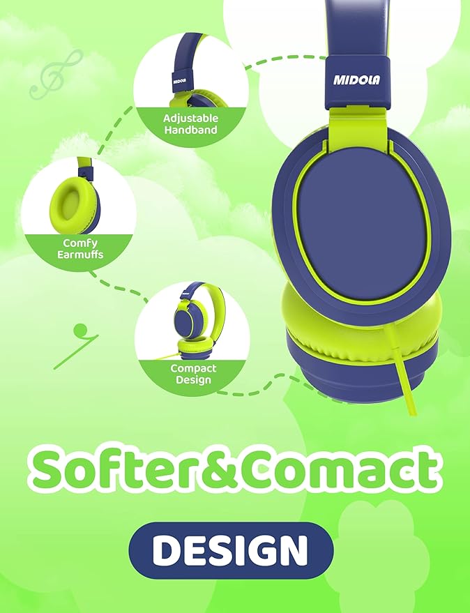 MIDOLA Volume Limited 85/110dB Kids Headphone Over-Ear/On-Ear Foldable Sound Noise Protection Headset with Inline AUX 3.5mm Cord w/Mic for Child School Cellphone Pad PC Notebook DeepBlueSky