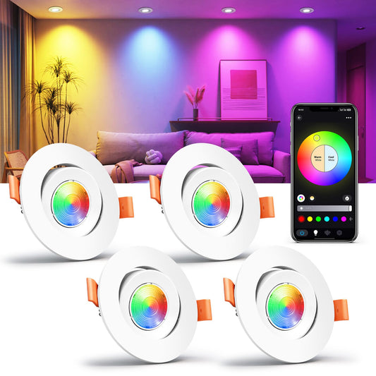 Smart 3 Inch LED Recessed Lighting, Ultra-Thin 60° Adjustable WiFi Downlight, 5W 120V, Compatible with Alexa and Google Home, Dimmable RGB & CCT 2700K–6500K, Ceiling Light with LED Driver, 4 Pack
