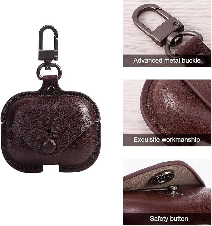 Genuine Leather Case Compatible with AirPods Pro Case 2nd/1st Gen (2023/2022/2019), VOMA Protective Cover for Apple AirPods Pro 2/Pro Wireless Charging Case with Keychain and Snap Lock Chocolate Brown