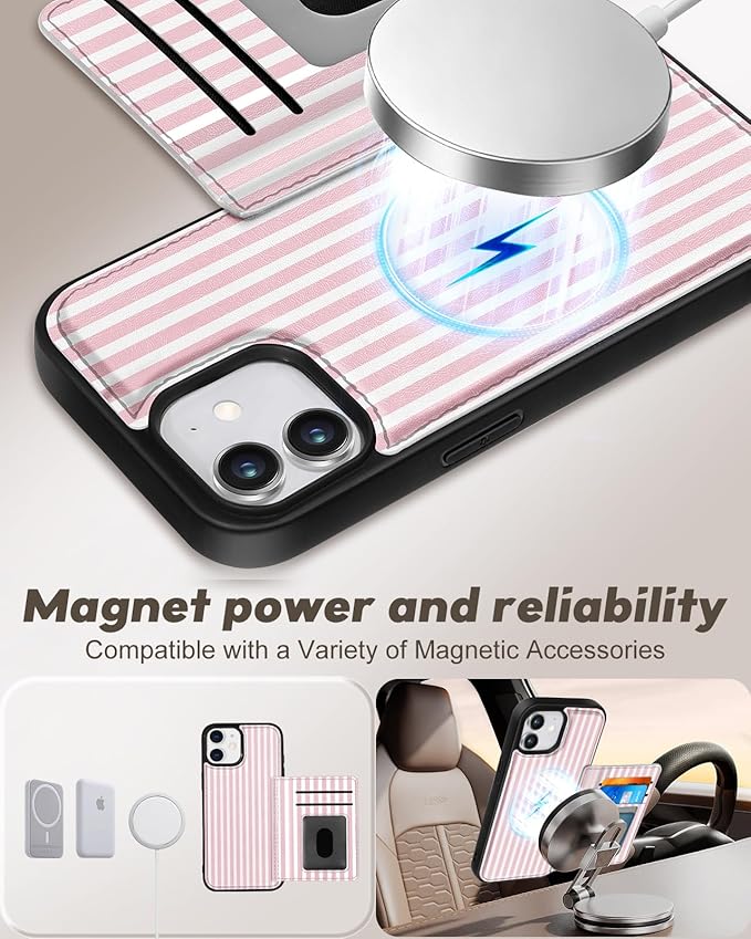 for iPhone 11 Case with Wallet - Fits 4 Card Slots, Compatible with MagSafe for Women Aesthetic Durable PU Leather Credit Card Holder Kickstand Phone Cover for Apple 11, Stripe