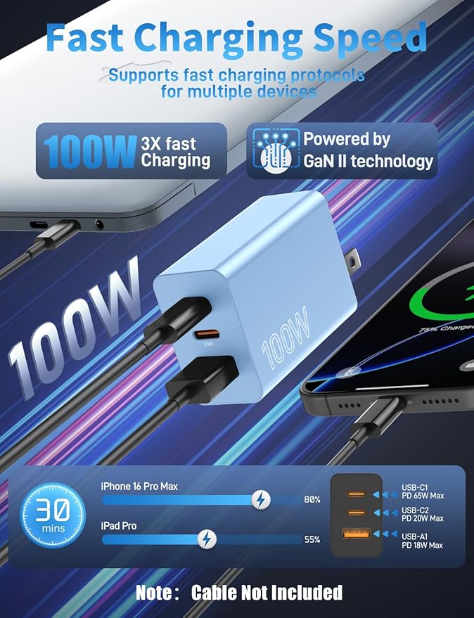 2Pack 100W USB C Charger Block, 3Port Fast Charging Adapter, Type C Fast Charging Blocks Cube PD USBC Wall Plug+QC3.0 USB A Charger Brick for MacBook Pro/Air,iPad,iPhone 17/16,Samsung S25 &More-Blue