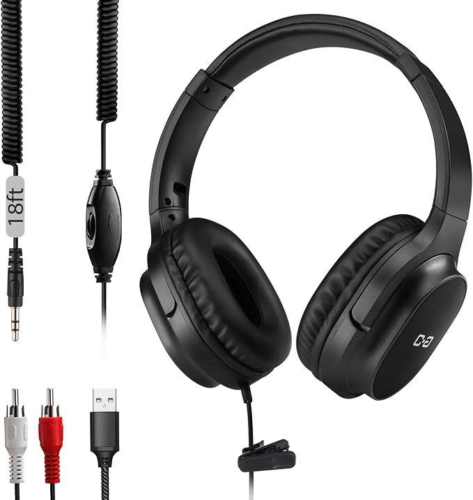 18Ft Long Cord Headphones for TV & PC with Spring Coiled Cable for Seniors
