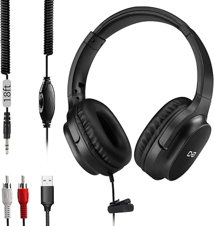 18Ft Long Cord Headphones for TV & PC with Spring Coiled Cable for Seniors
