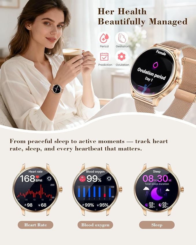 WalkerFit Smart Watch for Women 2025, 1.43" AMOLED, Bluetooth Call, Wireless Magnetic Charging, Female Health Tracker, 120+ Sport Modes, IP68 Waterproof Fitness Smartwatch for Android iOS (Pink)