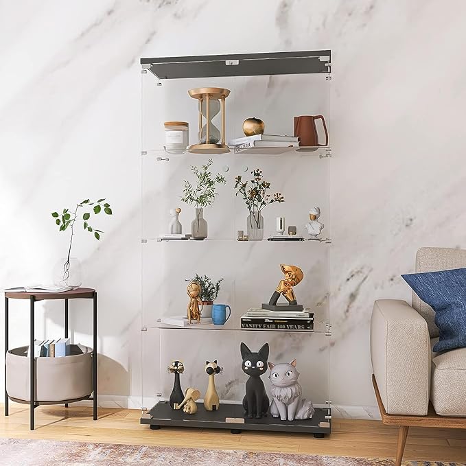 LFT HUIMEI2Y Glass Display Cabinet 4-Shelf with Double Door, Curio Cabinets Fast Installation in 30 Mins, Tempered Glass Floor Standing Bookshelf for Bedroom, Living Room 64.7”x 32”x 14.4” Black