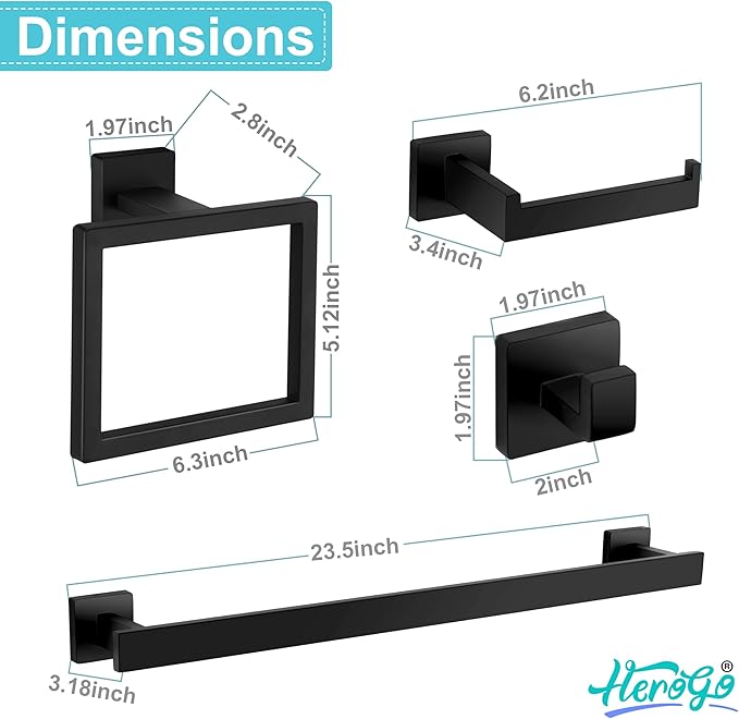Herogo 5 Pieces Bathroom Accessories Set, 23.5 Inch Matte Black Bathroom Hardware Set, Including Toilet Paper Holder, Hand Towel Holder, Hooks & Ring, Bath Towel Racks Bars Wall Mount