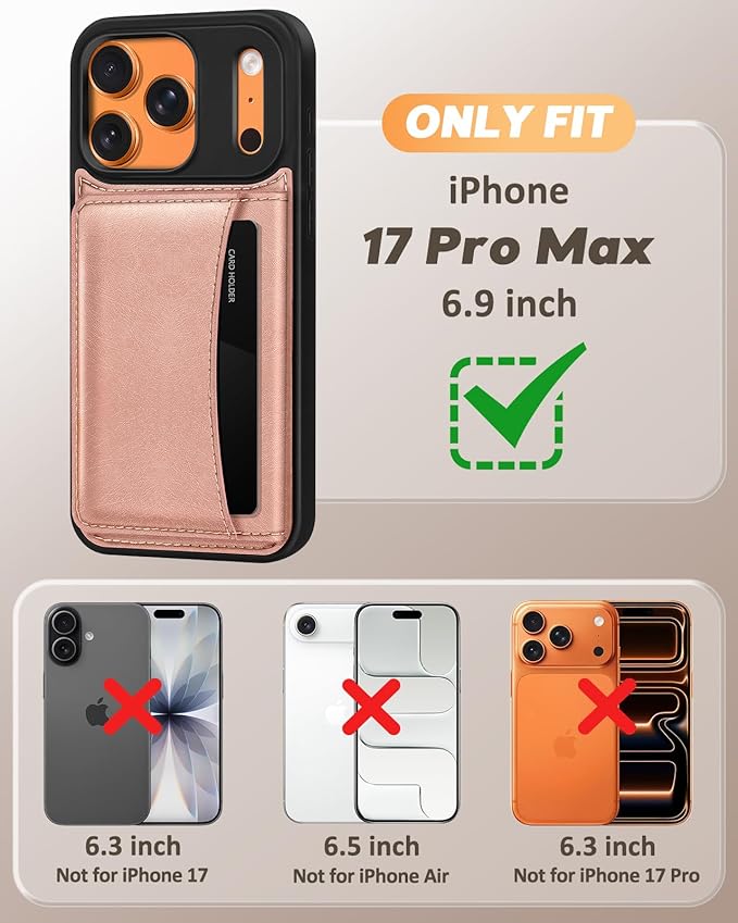 for iPhone 17 Pro Max Case with Wallet - Fits 4 Card Slots, Compatible with MagSafe for Women Aesthetic PU Leather Credit Card Holder Kickstand Phone Cover for Apple 17 Promax, Rose Gold