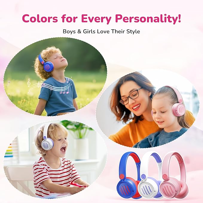 Kids Bluetooth Headphones Wireless On-Ear with USB-C Fast Charge,Microphone & 85dB Volume Limiter,Foldable Lightweight Toddler Headphones with AUX for School Travel (Pink)