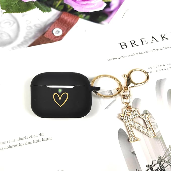 Compatible with AirPods Pro 3 Case Cover (2025), Soft Silicone Case with Gold Heart Pattern for AirPods Pro 3rd Generation Case with Rhinestone Studded Letter A-Z Keychain (N Black)