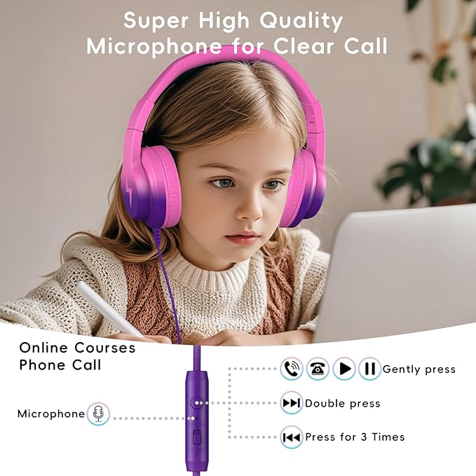 Kids Headphones, Wired Headphones for Kids Over Ear with Microphone, 85/94dB Volume Limiter Headphone for Girls Boys, Foldable Headphone for Learning, Deep Purple and Pink