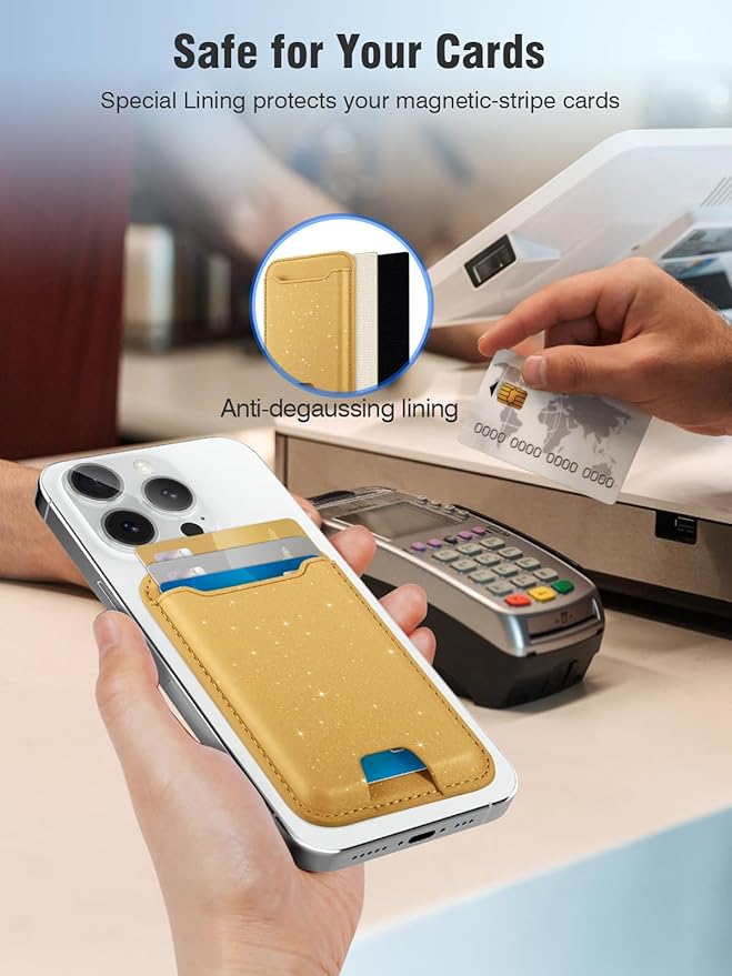 TopMade for Magsafe Wallet, Sparkle Magnetic Card Holder for iPhone 17, 16, 15, 14, 13, 12 Series, Leather RFID Blocking, Fit 4 Cards, Glitter Yellow