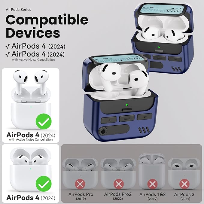 (with Safety Lock) Pager Cases for AirPods 4 Case Cover 2024 with Cleaner Kit,Sturdy Hard PC Protective for Apple AirPods 4th Generation Case for Men Women,AirPods 4 Accessories with Keychain-Blue