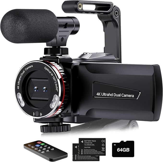 4K Video Camera Camcorder, 64MP UHD Vlogging Camera for YouTube, 21X Digital Zoom, 4K Camcorder for YouTube with External Microphone, Stabilizer, Remote, 2 Batteries, Remote, Memory Card