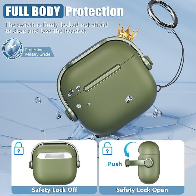 Safety Lock for Airpods 4 Case, TPU Case for Apple Airpods 4 Case 2024 USB-C with Cleaner Kit, Drop Protection Airpods 4 Case Cover for Men with Lock and Keychain, Army Green