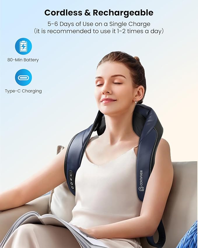 COMFIER Shiatsu Neck Massager with Heat, Cordless Neck and Shoulder Massager for Pain Relief Deep Tissue, Graphene Heating, 4D Kneading Massage Pillow, White Elephant Gift