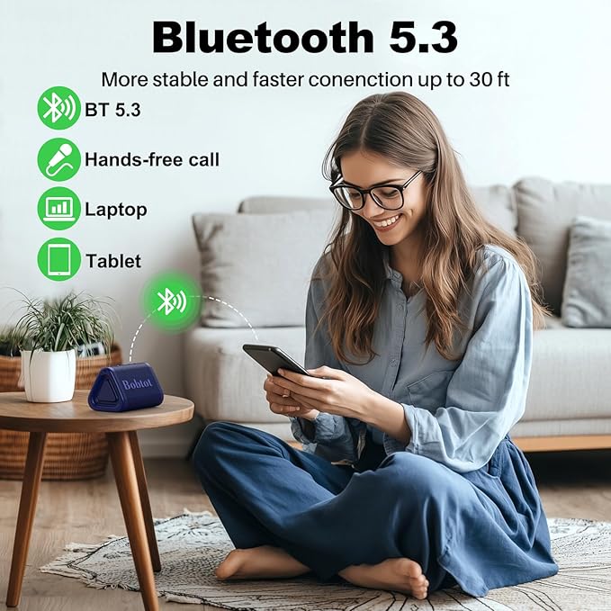 Bobtot Portable Bluetooth Speaker Wireless, IPX7 Small Shower Speaker Waterproof, 15H Playing Time, Loud and Stereo Sound with Bass, TWS Pairing for Party, Camping, Travel, Blue
