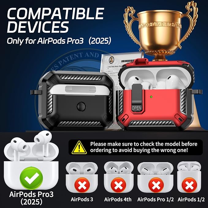 for AirPods Pro 3 Case (2025 New), Secure Lock Cases Cover with Cleaning Kit & Keychain Compatible with Airpods Pro 3rd Generation Case for Men Women, Powerful Drop Protection