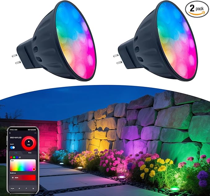 Smart WiFi MR16 LED Bulbs Dimmable, RGB MR16 LED Bulb Color Changing, GU5.3 Bi-pin 12V, Multicolor & CCT Tunable, Memory Function, Music Sync Compatible with Alexa, Google Assistant 2-Pack