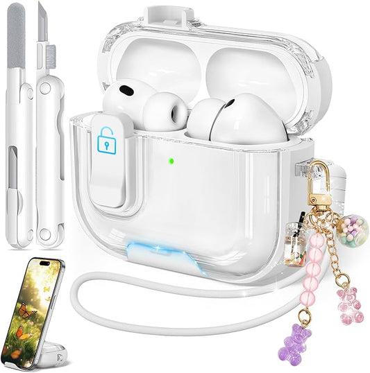 for Airpods Pro 3 Case 2025, Anti-Yellowing Clear Case for Airpods Pro 3 with Secure Lock & Phone Stand, Soft TPU Drop Protection Cover with Cleaning Kit (White)