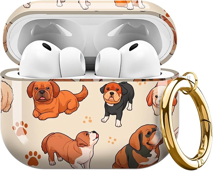 AirPod Pro 3 (2025) Case Cover for Women, Cute Shockproof TPU Protective Case with Gold Round Buckle, Anti-Drop Design Cute Doodle Dog Print Animal