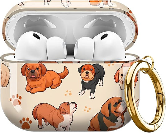AirPod Pro 3 (2025) Case Cover for Women, Cute Shockproof TPU Protective Case with Gold Round Buckle, Anti-Drop Design Cute Doodle Dog Print Animal