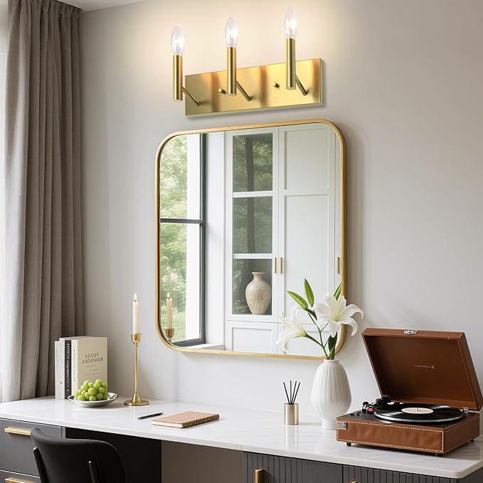 Kalium Bathroom Light Vanity Fixtures Over Mirror, 3-Lights Modern Brushed Gold Wall Sconces, Minimalist Wall Lights for Livingroom Bedroom Entryway Hallway Staircase, E12 Base(Bulbs Not Included)