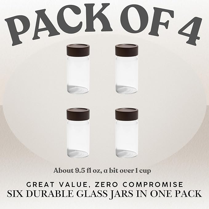 Wide Mouth Glass Storage Jars With 2.5" Acacia Wood Lids - 4 Pack of 9.5 Oz Food Storage Containers - Borosilicate Glass Canisters Sets For Kitchen - Pantry Organizers and Storage for Rice Coffee