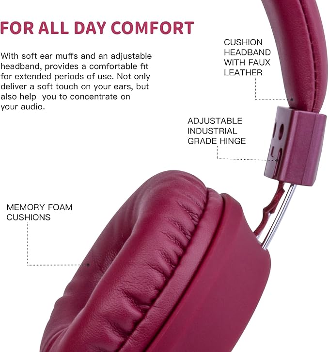 Olyre Kids Headphones,Wired Toddler Teens On-Ear Headphones with HD Microphone,94dB Volume Limit,Tangle-Free 3.5mm Jack Foldable Stereo Children Earphones for School,Tablet,Plane Travel Wine Red