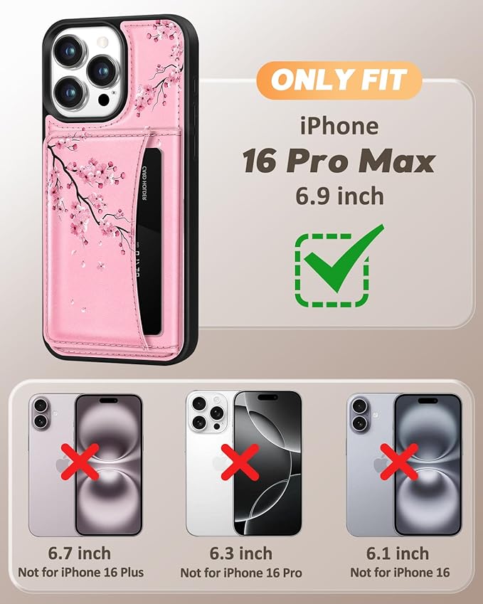 for iPhone 16 Pro Max Case with Wallet - Fits 4 Card Slots, Compatible with MagSafe for Women Aesthetic PU Leather Credit Card Holder Kickstand Phone Cover for Apple 16 Promax, Peach Blossom