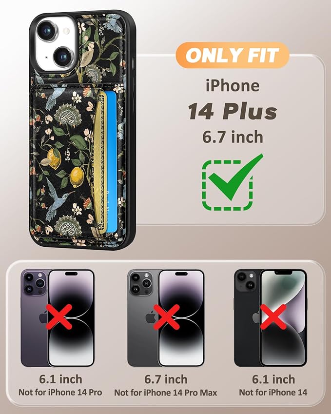 for iPhone 14 Plus Case with Wallet - Fits 4 Card Slots, Compatible with MagSafe for Women Aesthetic Durable PU Leather Credit Card Holder Kickstand Phone Cover for Apple 14 Plus, Lemon Bird