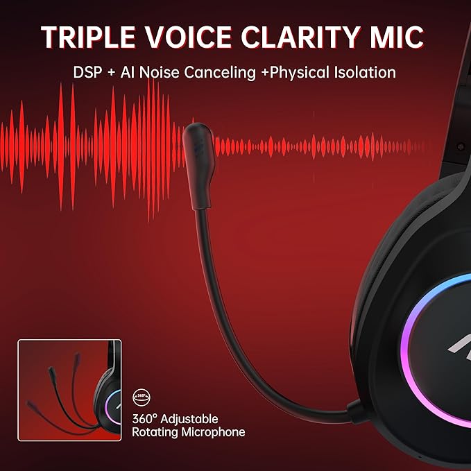 AOC Bluetooth Gaming Headset with Mic for PC, PS5/4, Nintendo Switch, 2.4GHz Wireless Gaming Headphones with RGB, USB-C, 7.1 Virtual Surround 20ms, Latency, 45H Playtime- Red