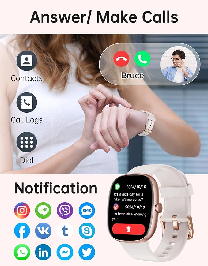 HUAKUA Smart Watches for Women Men Compatible with iPhone/Android Phones Answer/Make Calls, 1,85" HD Fitness Tracker with Heart Rate/Sleep Monitor Pedometer for Walking Running, Waterproof, Starlight