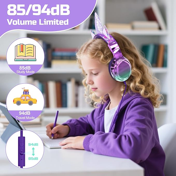 QearFun Kids Unicorn Headphones Wired with Mic, 85/94dB Safe Volume Limit, Sparkly Wired Headset, Foldable, Sharing Port & Tangle-Free Cord for School, Chromebook, Tablet, Travel, Boys & Girls