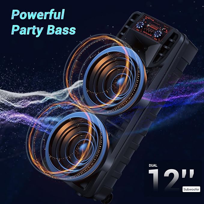 Wireless Bluetooth Party Speaker with Dual 12 Inches Woofers, Portable Karaoke Speaker System, Microphone & Remote, RGB LED Lights, Karaoke Machine with Bass, AUX/USB/TF/TWS/Echo, FM Radio
