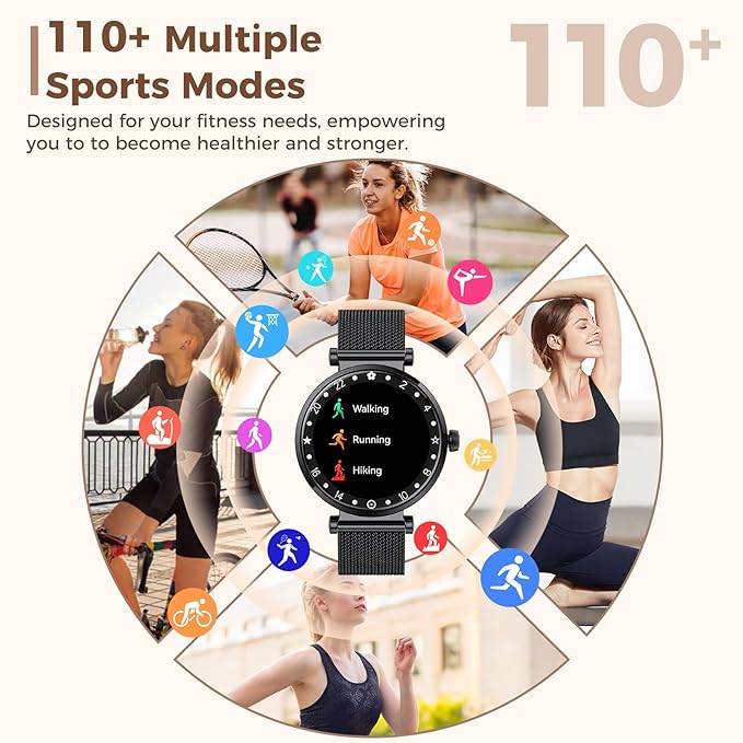 Smart Watch for Women, 1.19" AMOLED Display Fitness Tracker Bluetooth Make/Answer Call, Watches with 110+ Sports Modes/Heart Rate/SpO2/Sleep Monitor, Smartwatch IP68 Waterproof for Android iOS
