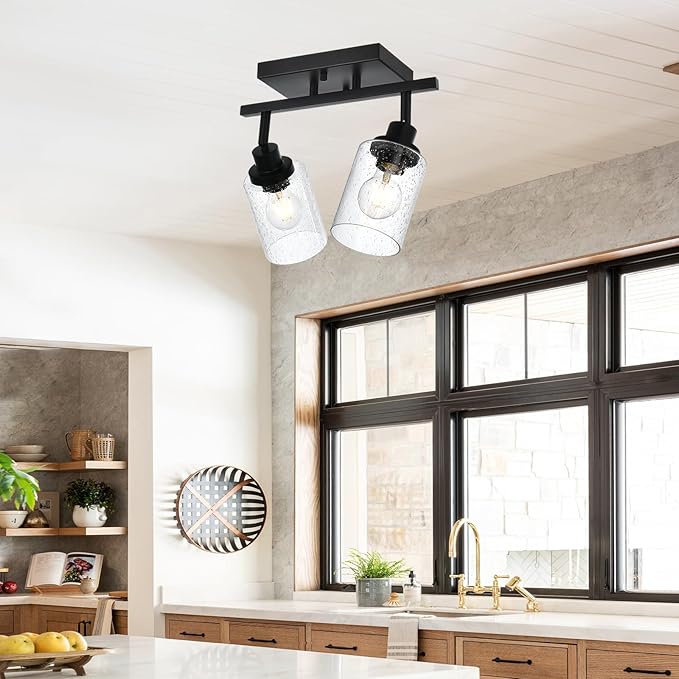 2-Light Black Track Lighting Kit Ceiling Mount Kitchen Track Lighting Fixtures, Bathroom Ceiling Tracking Vanity Light with Bubble Seeded Glass Shade & Rotatable Tracking Heads for Accent Shop