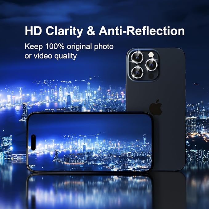 Misea Compatible for iPhone 15 Pro/iPhone 15 Pro Max Camera Lens Protector Bling, 9H Tempered Glass Camera Cover Screen Protector Metal Individual Ring Protector Decoration Accessories, Blue Diamond