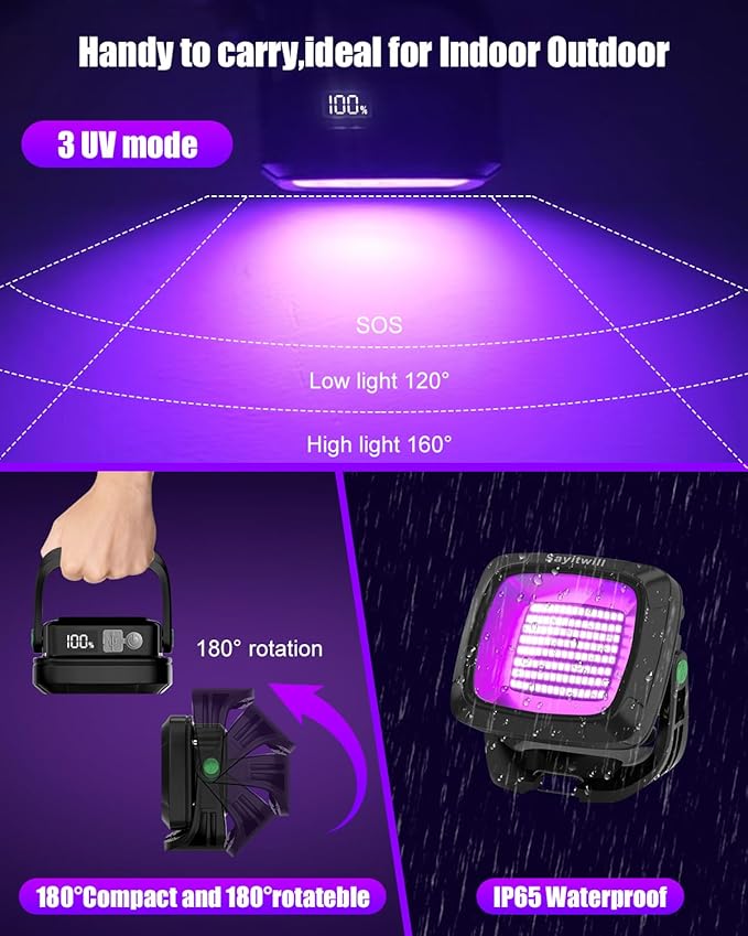 Rechargeable Black Light 2 Pack, 6000Amh Battery Powered Blacklight, 395nm Portable Cordless Ultraviolet Flood Light for Glow Party, Catfishing,Halloween,Body Painting