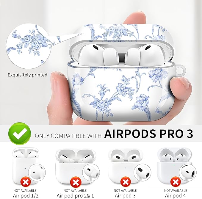 Compatible with AirPod Pro 3 (2025),Cute Case Cover for Women & Men, Full Protection Shockproof Hard Case with Keychain, Wireless Charging Case Accessories(Blue Flowers)