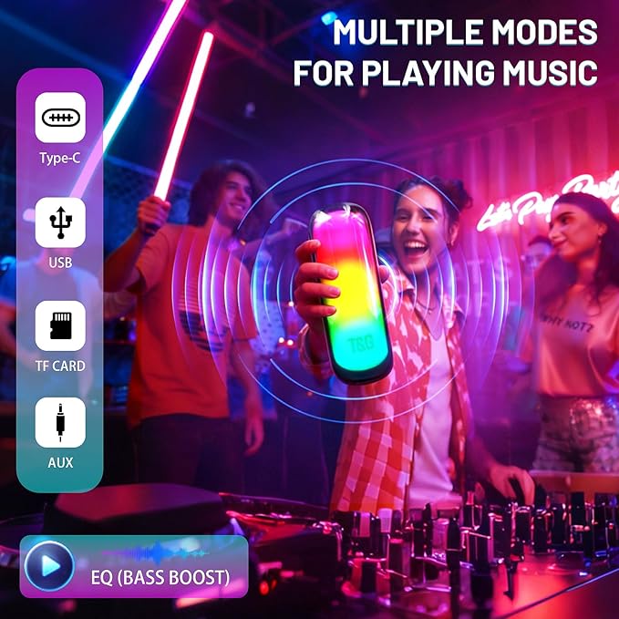 T&G Portable Bluetooth Speakers with Colorful Lights, Powerful Stereo Loud Sound Wireless Speaker, Outdoor Party Speaker, IPX4 Waterproof, Up to 24H Playtime, for Outdoor/Home/Party/Beach