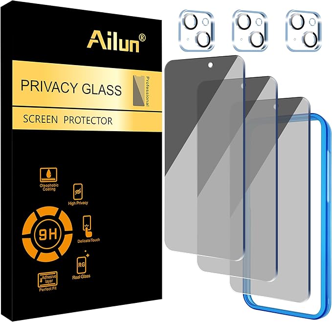 Ailun 3Pack Privacy Screen Protector for iPhone 15 Plus [6.7 inch]+3Pack Camera Lens Protector with installation frame,Dynamic Island Compatible,Anti Spy Private Tempered Glass[9H Hardness]
