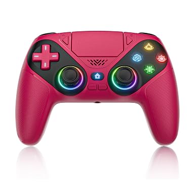Dinosoo RGB Wireless Gamepad for PS5/PC/Mobile – Bluetooth Controller with Turbo, Macro, Dual Vibration, 6-Axis Gyro, Audio Jack, Speaker, 1000mAh Battery (Red)