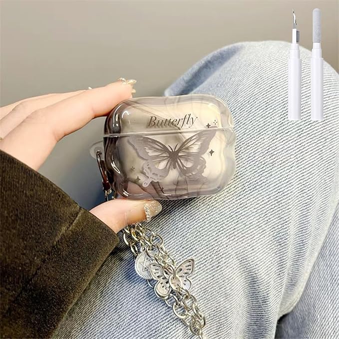 Compatible with AirPod Pro Case Soft with Cleaner Kit Keychain Elegant Butterfly Cover for Girls Women Airpods Pro 2nd/1st Generation-Gray