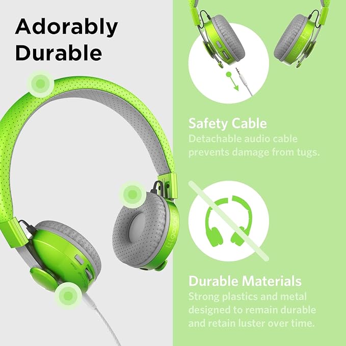 LilGadgets Kids Headphones with Microphone - Green, Ages 4+, On-Ear - Bluetooth Headphones for Kids - Volume-Limited 93dB & SharePort Audio Sharing - SoftTouch Ear Cushions