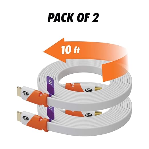 Ultra Clarity Cables Flat HDMI Cable 10 ft - 2 Pack - High Speed HDMI Cord - Supports, 4K Video, 2160p, Latest Standard, HDCP 2.2 Compliant - 10 Feet