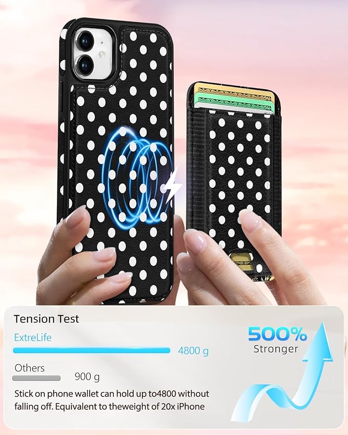 Shorogyt for iPhone 11 Wallet Case - Fits 5 Cards, Compatible with Magsafe Detachable Magnetic Credit Card Holder Leather Cardholder Cute Phone Cover Women Girls for Apple 11, Polka Dots